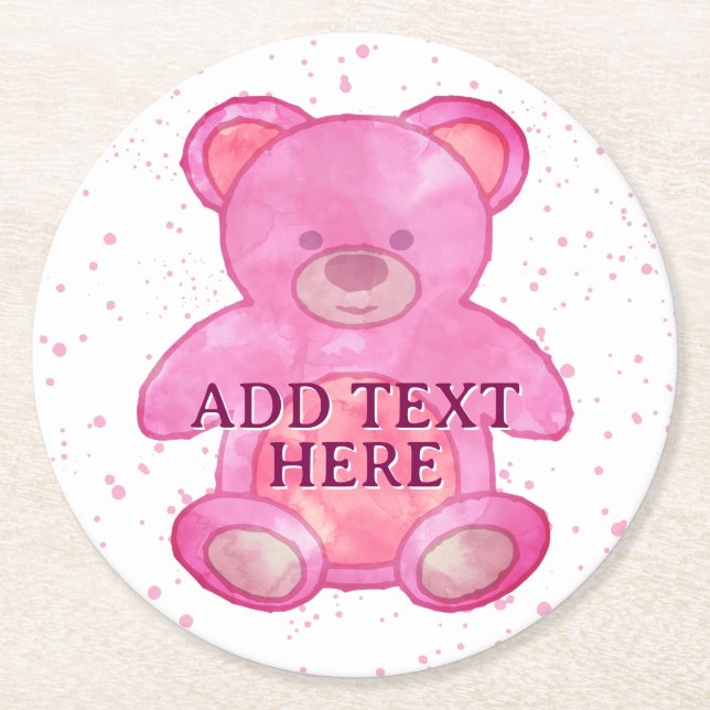 Cute Baby Bear In Pink Custom Text Round Paper Coaster (Front)