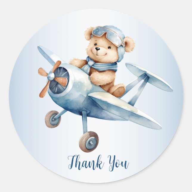 Cute Baby Bear Pilot Blue Aeroplane Beautiful Classic Round Sticker (Front)