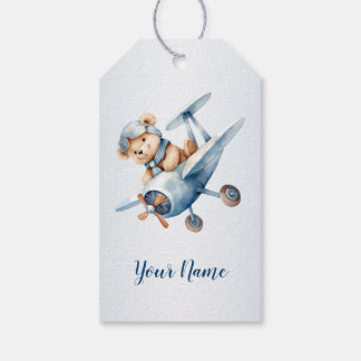 Cute Baby Bear Pilot Blue Aeroplane Beautiful Gift Tags