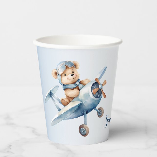 Cute Baby Bear Pilot Blue Aeroplane Beautiful Paper Cups (Front)