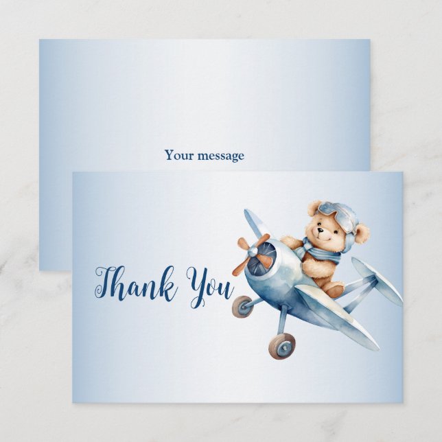 Cute Baby Bear Pilot Blue Aeroplane Beautiful Thank You Card (Front/Back)