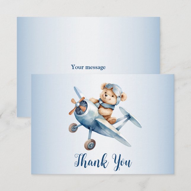 Cute Baby Bear Pilot Blue Aeroplane Beautiful Thank You Card (Front/Back)