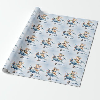Cute Baby Bear Pilot Blue Aeroplane Beautiful Wrapping Paper