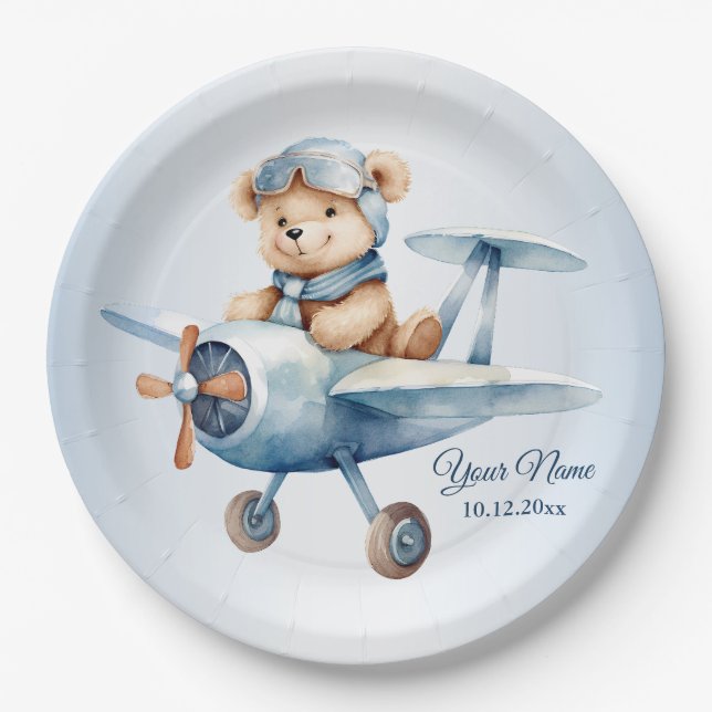 Cute Baby Bear Pilot Blue Aeroplane Paper Plate (Front)