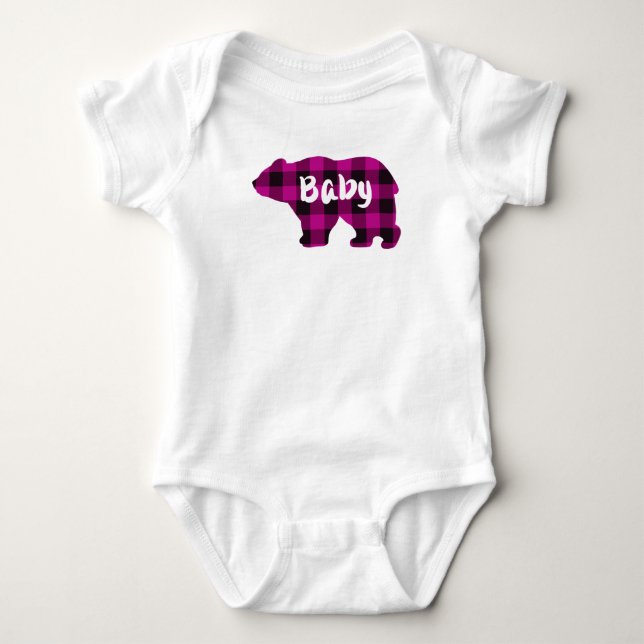 Cute baby bear pink black plaid pattern bodysuit (Front)