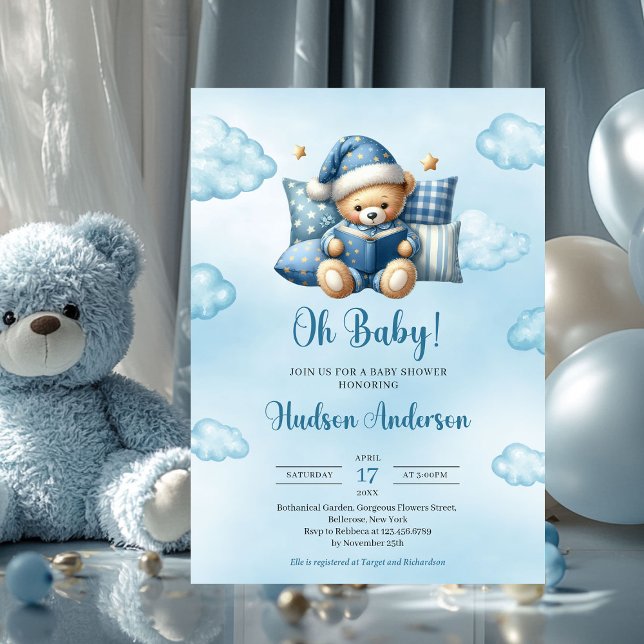 Cute baby bear reading a book boy Baby Shower  Invitation (cute teddy bear reading a book oh baby boy baby shower invitation)
