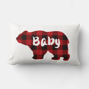 Cute Baby bear red black buffalo plaid pattern Lumbar Cushion