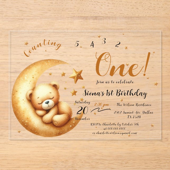 Cute Baby Bear Sleeping On The Moon 1st Birthday Acrylic Invitations (Front)