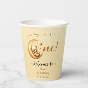 Cute Baby Bear Sleeping On The Moon 1st Birthday Paper Cups
