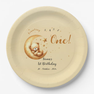 Cute Baby Bear Sleeping On The Moon 1st Birthday Paper Plate