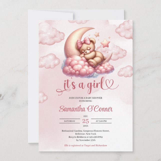 Cute baby bear sleeping over the moon Baby Shower Invitation (Front)