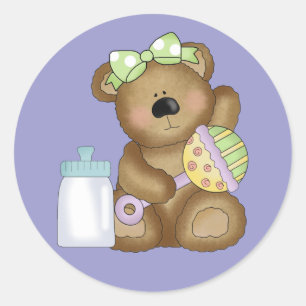 Cute Baby Bear with Baby Bottle and Rattle Classic Round Sticker
