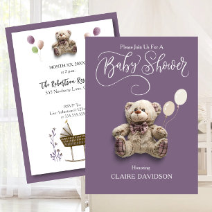 Cute Baby Bear with Balloons Purple White Invitation