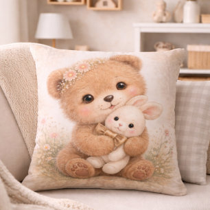 Cute Baby Bear With Bunny Neutral Kids Room Cushion