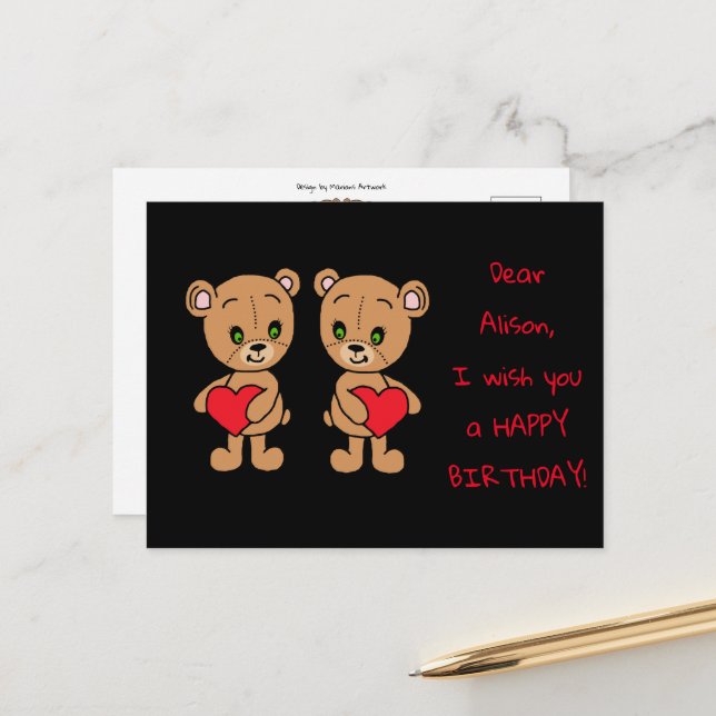  Cute baby bear with hearts, custom  Postcard (Front/Back In Situ)