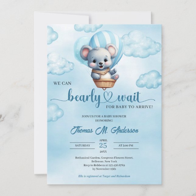 Cute baby bear with hot air balloon Baby Shower Invitation (Front)