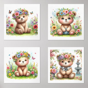 Cute Baby Bears Floral  Nursery Print Set