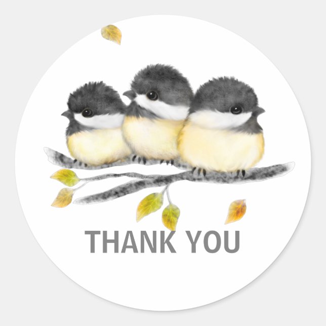 Cute Baby Bird 3 Chickadees on Tree Branch Classic Round Sticker (Front)