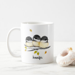 Cute Baby Bird 3 Chickadees on Tree Branch Coffee Mug