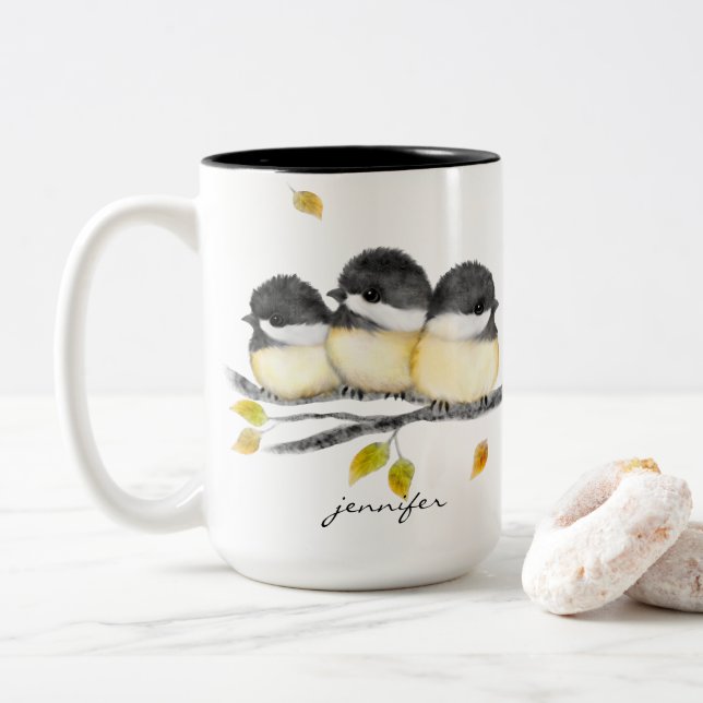 Cute Baby Bird 3 Chickadees on Tree Branch Two-Tone Coffee Mug (With Donut)