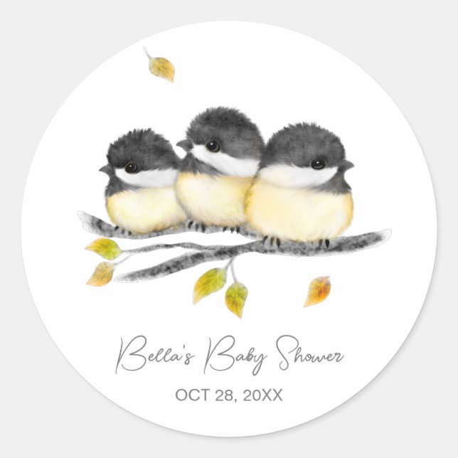 Cute Baby Bird Chickadees Baby Shower Classic Round Sticker (Front)