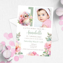 Cute Baby Bird One Year Old Birthday Invitation