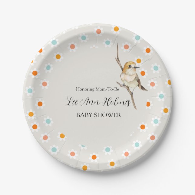 Cute Baby Bird Tiny Flowers Baby Shower  Paper Plate (Front)