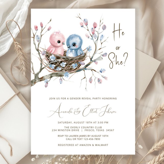 Cute Baby Birds Gender Reveal Party Invitation (Adorable baby boy and baby girl birds in nest gender reveal baby shower invitation. )