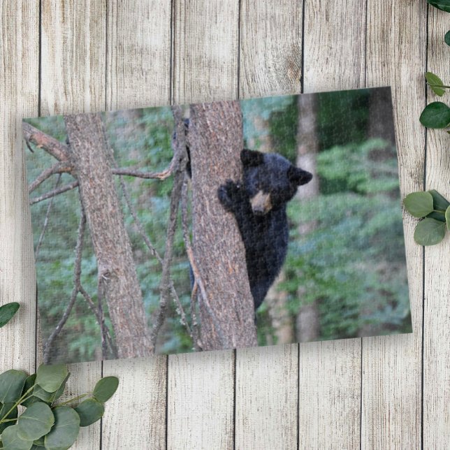 Cute Baby Black Bear Cub Climbing Tree Jigsaw Puzzle (Creator Uploaded)