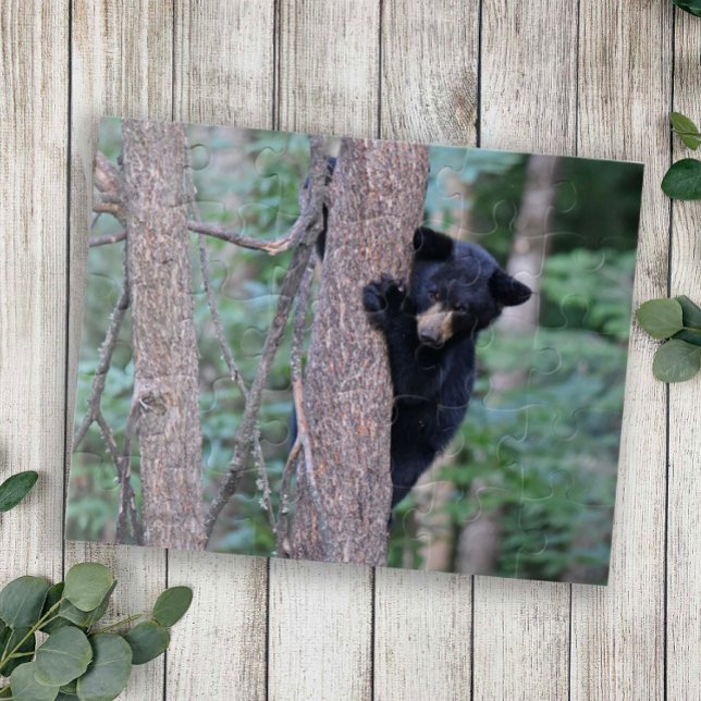 Cute Baby Black Bear Cub Climbing Tree Nature Jigsaw Puzzle (Creator Uploaded)