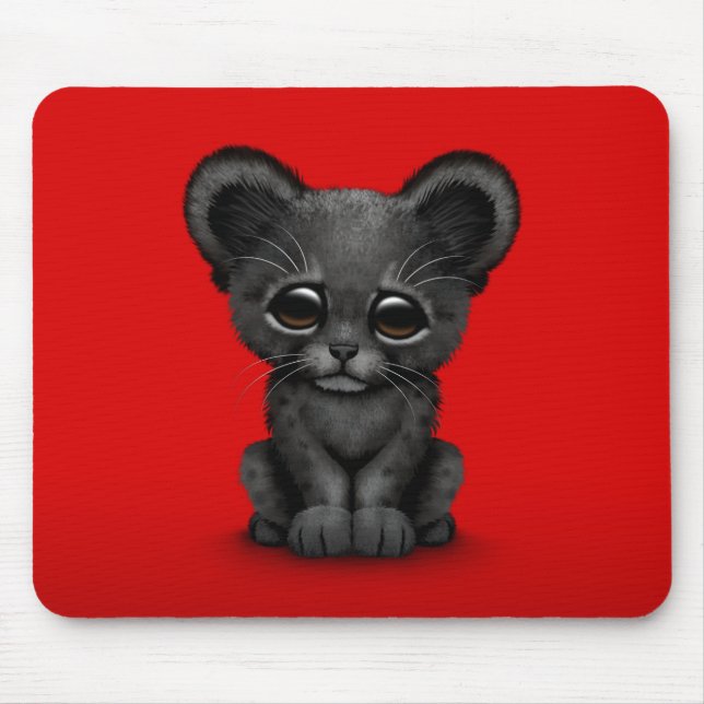 Cute Baby Black Panther Cub on Red Mouse Mat (Front)