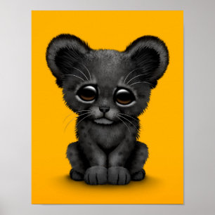 Cute Baby Black Panther Cub on Yellow Poster