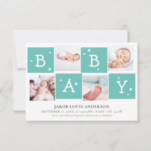 Cute BABY Block Photo Collage Newborn Baby Teal Announcement
