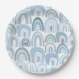 Cute Baby Blue Boho Rainbow Pattern Paper Plate