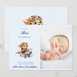 Cute Baby Blue Cartoon Leopard Boy Birth Announcement