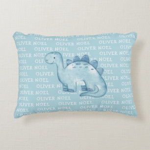 Cute Baby Blue Dinosaur with Name Watercolor Decorative Cushion