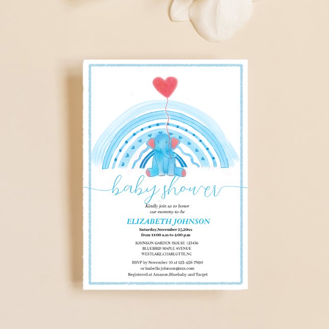 cute baby blue elephant with rainbow baby shower  invitation (Creator Uploaded)