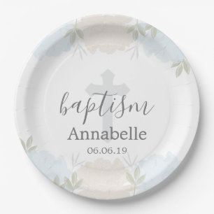 Cute Baby Blue Floral Baby Baptism Paper Plate