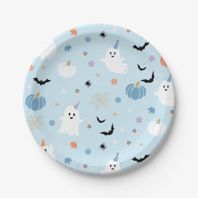 Cute Baby Blue Ghost Halloween Paper Plate (Front)