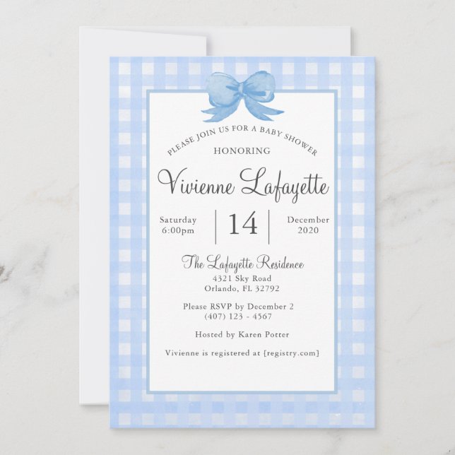 Cute Baby Blue Gingham with Bow Baby Shower Invitation (Front)