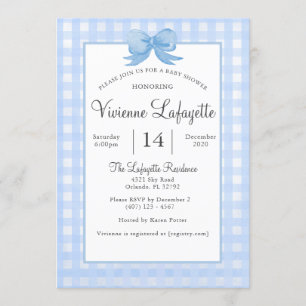 Cute Baby Blue Gingham with Bow Baby Shower Invitation