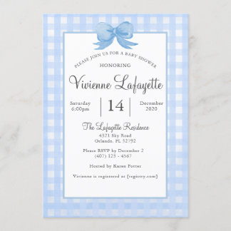 Cute Baby Blue Gingham with Bow Baby Shower Invitation