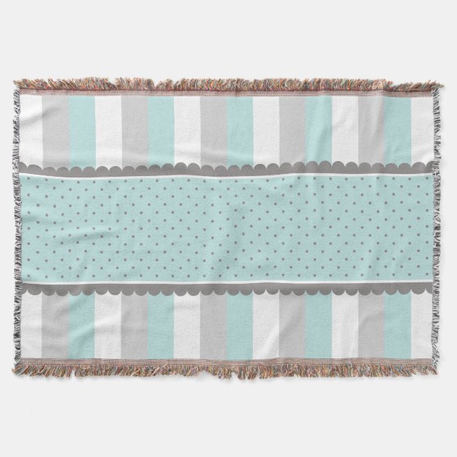 Cute Baby Blue & Grey Stripes and Polka Dots Throw Blanket (Front)