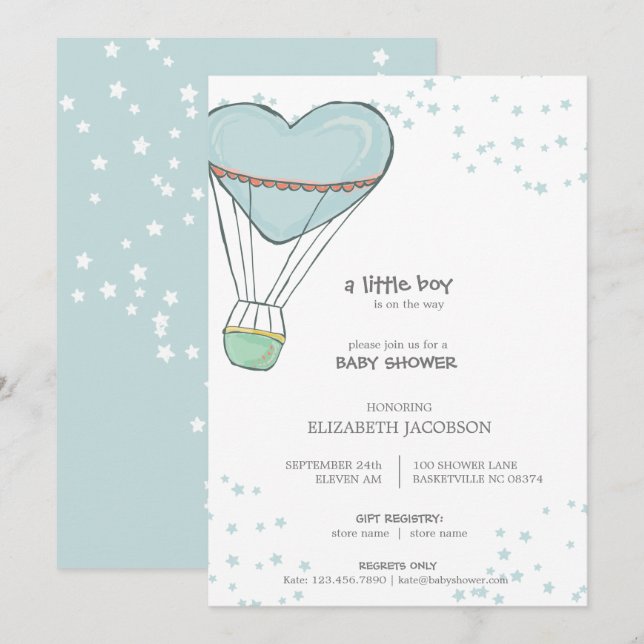 Cute Baby Blue Hot Air Balloon Baby Shower Invitation (Front/Back)
