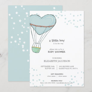 Cute Baby Blue Hot Air Balloon Baby Shower Invitation