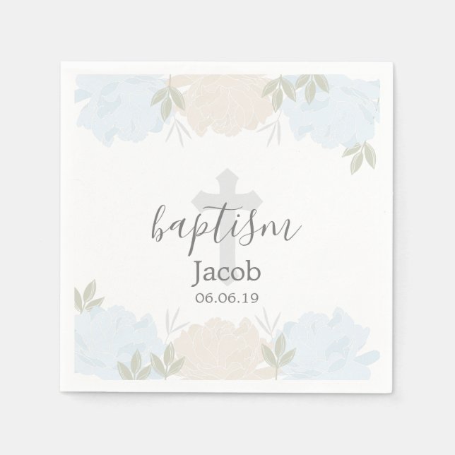 Cute Baby Blue Peonies Baby Baptism Napkin (Front)