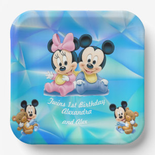 Cute Baby Blue Twins 1st Birthday Kids Party Paper Plate