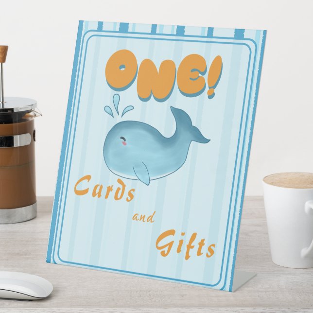 Cute Baby Blue Whale 1st Birthday Cards & Gifts Pedestal Sign (In SItu)