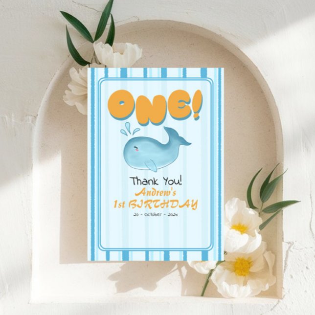 Cute Baby Blue Whale 1st Birthday Stripes Thank You Card (Creator Uploaded)
