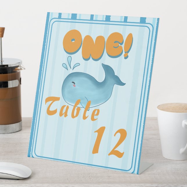 Cute Baby Blue Whale 1st Birthday Table Numbers Pedestal Sign (In SItu)